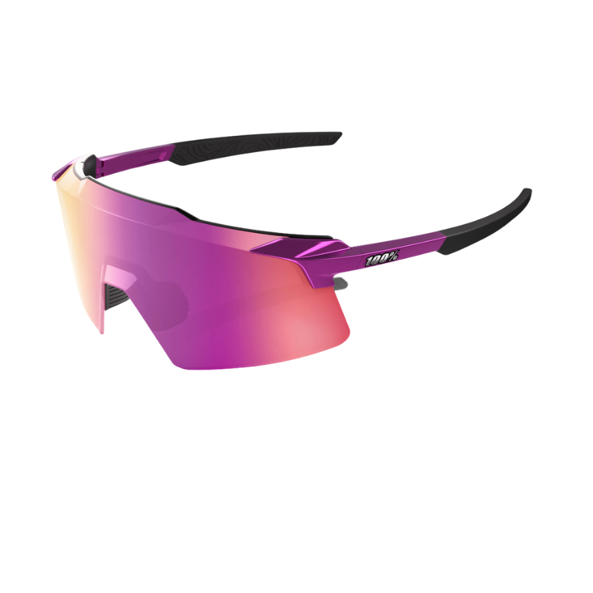 100% Aerocraft performance cycling sunglasses in Gloss Purple Chrome showing their cylindrical Purple Multilayer Mirror lens ventilation scoops and high-grip rubber touchpoints - Epic Sports Kenya