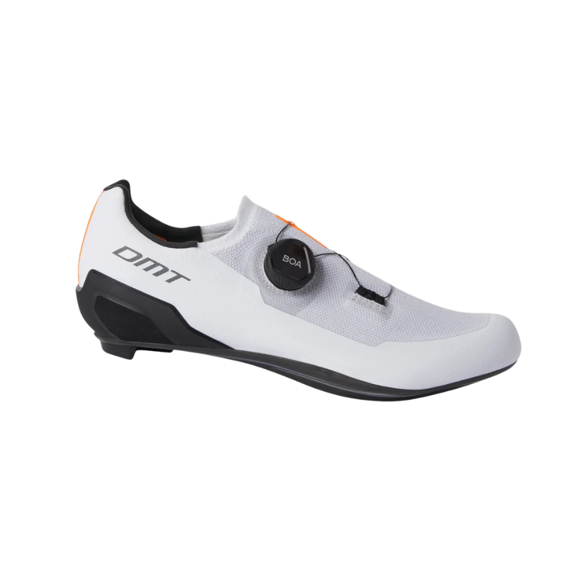 DMT KR30 men road cycling shoes in White Black displaying seamless white 3D knit upper construction single BOA L6 adjustment dial rigid black carbon composite outsole and micro air ventilation ports - Epic Sports Kenya