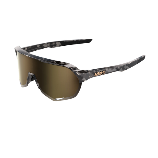 100% S2 performance cycling sunglasses in Gloss Black Havana showing their laser-etched edge Soft Gold Mirror cylindrical lens lower ventilation scoops and high-grip rubber touchpoints - Epic Sports Kenya