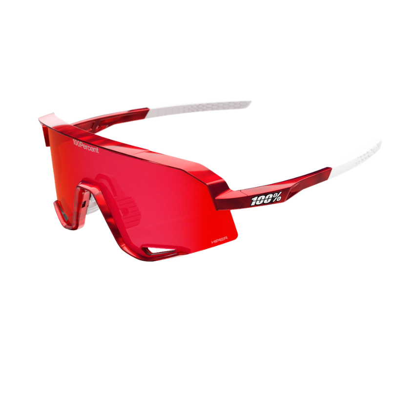 100% Slendale Tom Pidcock signature edition performance sunglasses in Gloss Red Holographic showing their cylindrical HiPER Fire Red Mirror lens and high-grip rubber touchpoints - Epic Sports Kenya