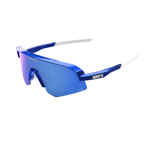 100% Slendale SL performance cycling sunglasses in Gloss Blue Holographic showing their cylindrical HiPER Royal Blue Mirror lens and high-grip rubber touchpoints - Epic Sports Kenya