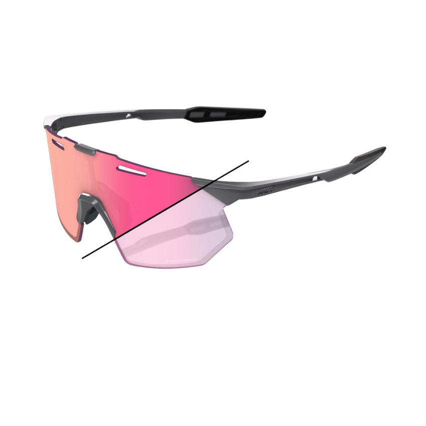 100% Hypercraft SQ frameless photochromic sport sunglasses in Gloss Light Grey showing their 23g UltraCarbon chassis and adaptive rose gold mirror shield lens - Epic Sports Kenya