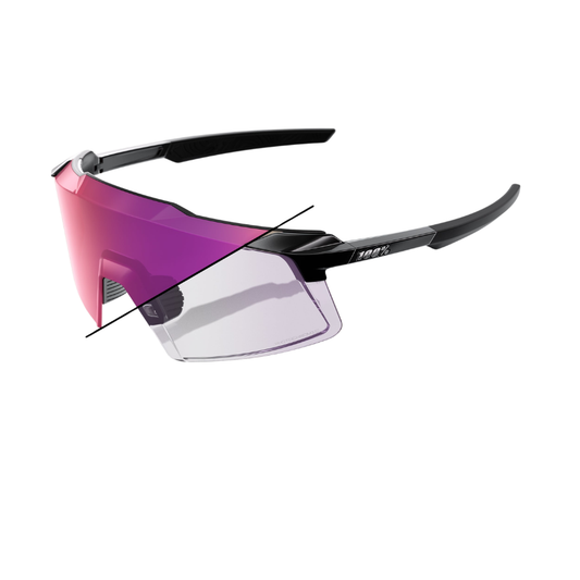 100% Aerocraft photochromic purple mirror cycling sunglasses in Gloss Black showing their adaptive light-reactive shield lens active brow ventilation scoops and high-grip rubber touchpoints - Epic Sports Kenya