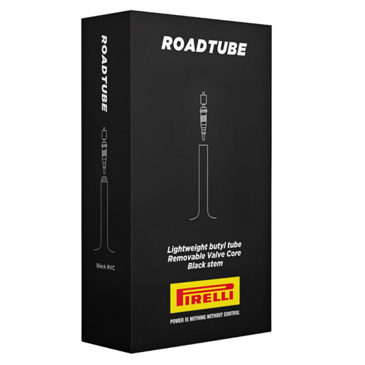Pirelli RoadTube road bike inner tube with 80mm black Presta valve displaying the premium black packaging and lightweight vulcanized butyl rubber construction - Epic Sports Kenya