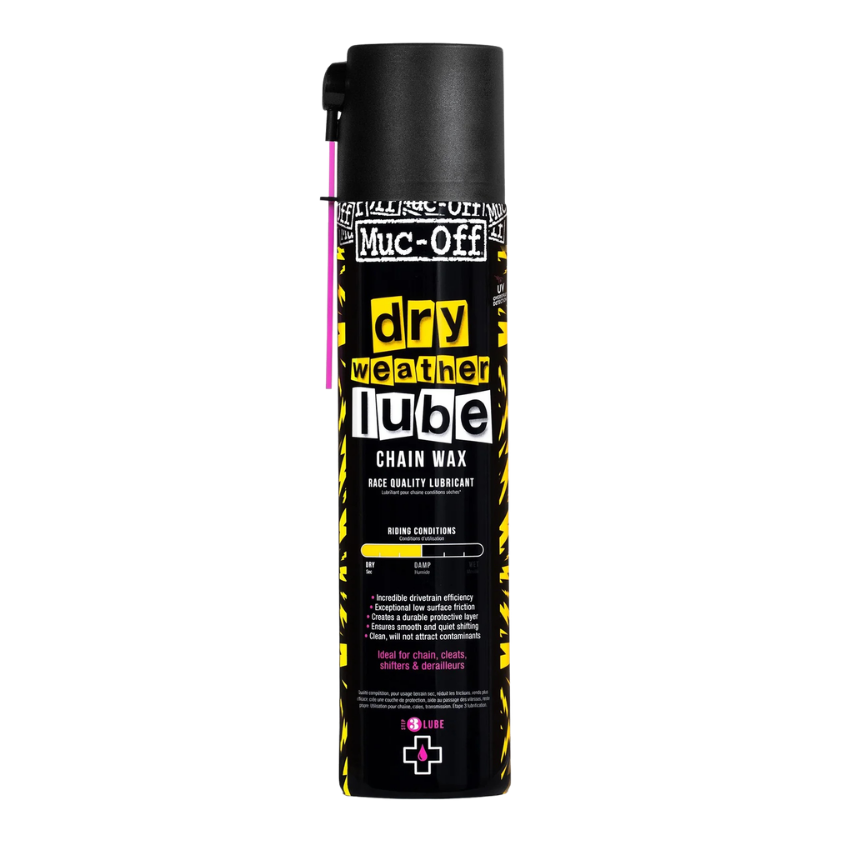 Muc-Off Dry Weather Lube Chain Spray Aerosol 400ml showing its iconic pink and yellow packaging and precision spray nozzle - Epic Sports Kenya