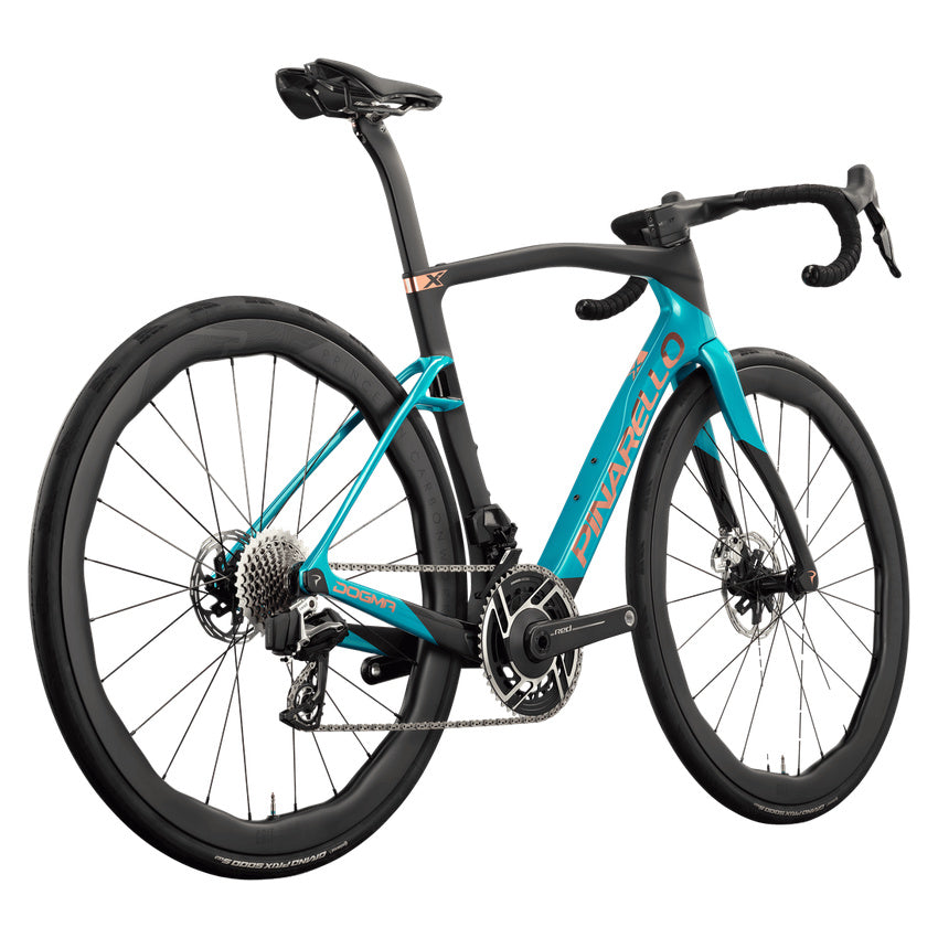Pinarello New Dogma X SRAM Red AXS PM Carbon Endurance Road Bike – AQUA VEIL – Princeton Grit 4540 X – rear three quarter
